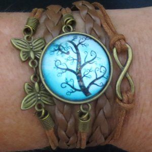 New World Glass Bracelet Colorful Tree of Life Cabochon Brass Leather Unisex 7"